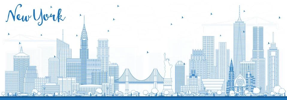 Outline New York USA City Skyline with Blue Buildings. Stock Illustration