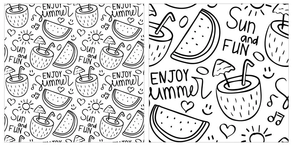 Outline pattern Enjoy summer with coconut drink, half of watermelon doodle. Sun Stock Illustration