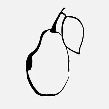 Outline pear with leaf icon isolated on white, doodle fruit, Stock Illustration