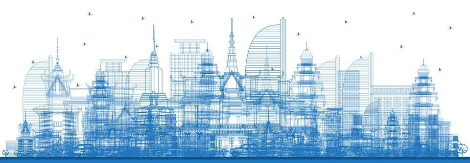 Outline Phnom Penh Cambodia City Skyline with Blue Buildings. Stock Illustration