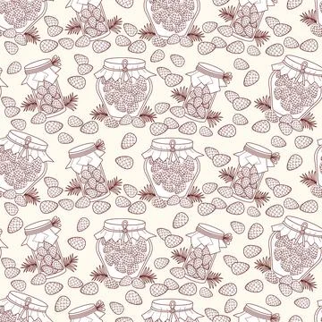 Outline Pine Cone Jam Seamless Pattern. Eco Glass Jars Mugolio with Forest .. Stock Illustration