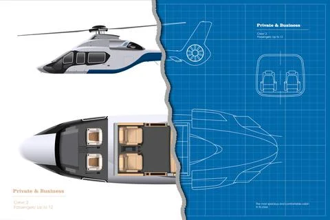 Outline private helicopter interior. 3d cockpit blueprint Stock Illustration