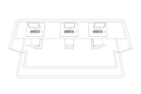 Outline of a reception desk with three computers and chairs from black lines 스톡 일러스트