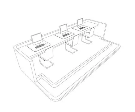 Outline of a reception desk with three computers and chairs from black lines 스톡 일러스트