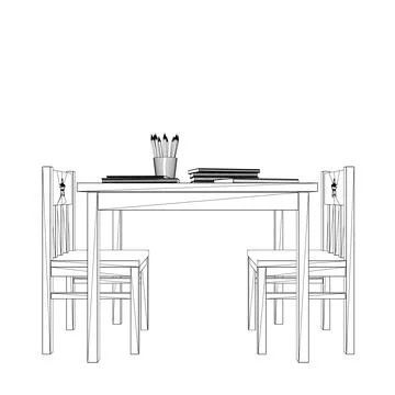 Outline of a rectangular table with two chairs made of black lines isolated on a Stock Illustration