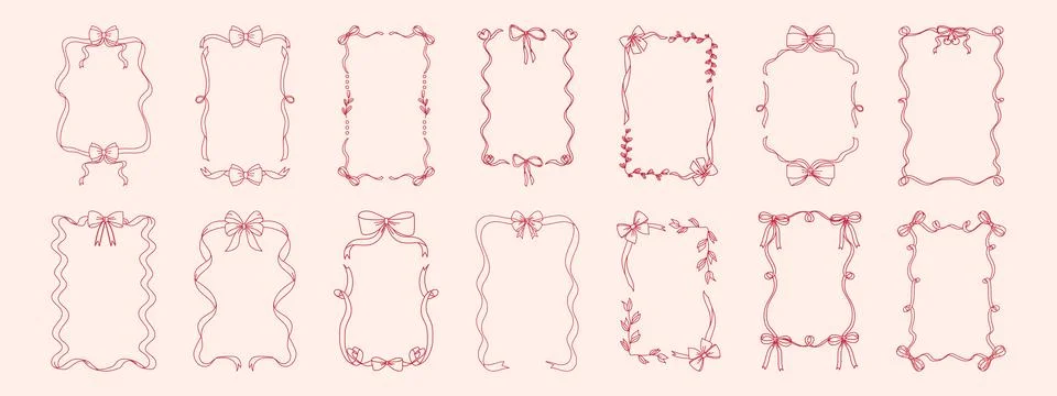 Outline retro bows frames set. Hand drawn trendy ribbons borders. Vintage r.. Stock Illustration