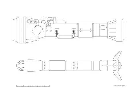 Outline rocket launcher side view. Contour antitank rifle blueprint Stock Illustration