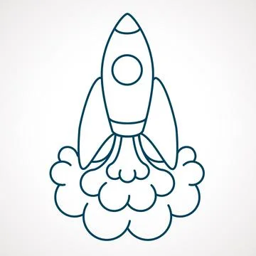 Outline rocket ship with fire. Vector illustration Stock Illustration