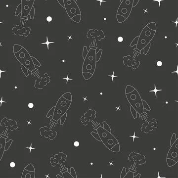 Outline rocket in space seamless pattern Stock Illustration