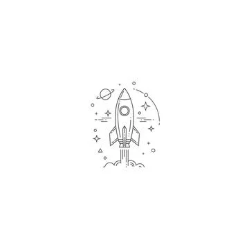 Outline rocket taking off with planets and stars, space illustration Stock Illustration