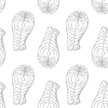 Outline Salmon steaks Seamless pattern. Healthy Eating Day Background or Stock Illustration