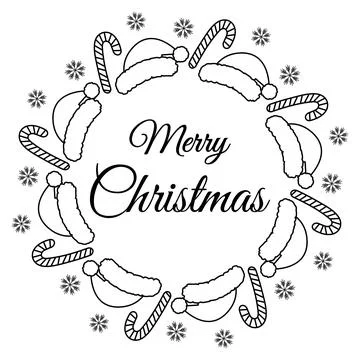 Outline Santa cap, candy cane, snowflakes and Lettering Merry Christmas Round Illustrazione stock
