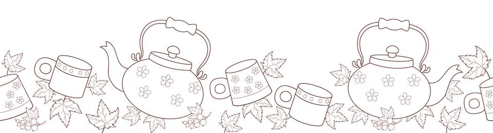 Outline Seamless Border Ceramic Teapots, Mugs and Currant Background. Handc.. Stock Illustration