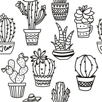 Outline seamless cactus pattern. Plant fabric print. Contour succulent drawin Stock Illustration