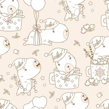 Outline Seamless pattern. Christmas Cute Capybara Santa in cup Cocoa with M.. Stock Illustration