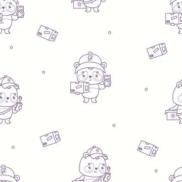 Outline Seamless Pattern Courier Panda Kawaii with Parcel Box and Phone Sho.. Stock Illustration