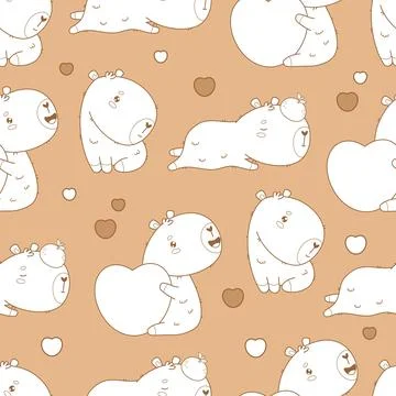 Outline Seamless pattern. Cute Capybara with heart and sleeping animal with.. 스톡 일러스트