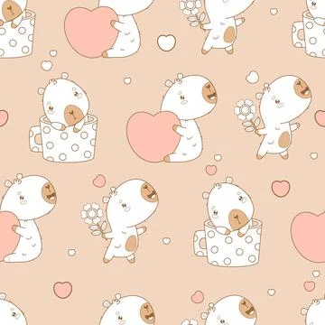 Outline Seamless pattern. Cute cartoon Capybara with heart, flower and calm.. Stock Illustration