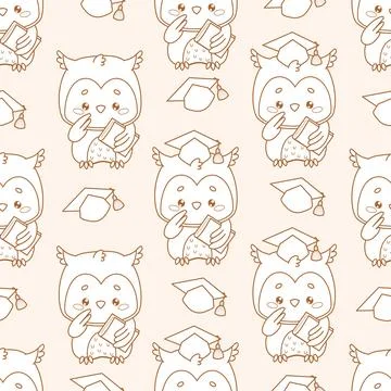 Outline Seamless pattern. Cute cartoon owl bird with graduation cap and book on Stock Illustration