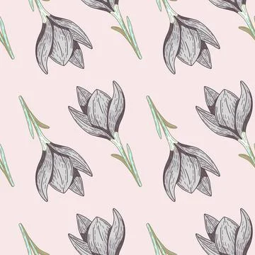 Outline seamless pattern with cute flower silhouettes ornament. Light backgro Stock Illustration
