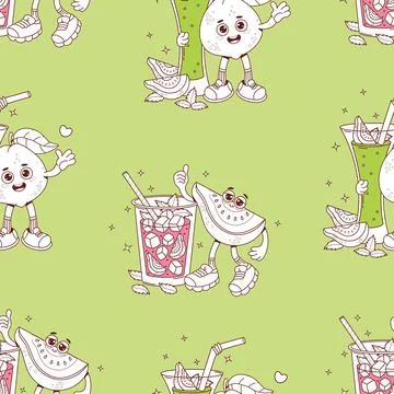 Outline Seamless Pattern. Cute Guava Groovy Character with Drink Cocktail s.. 스톡 일러스트