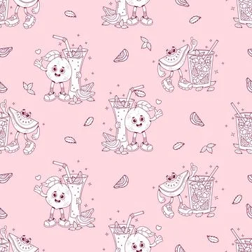 Outline Seamless Pattern. Cute Guava Groovy Character with Drink Cocktail w.. Illustrazione stock