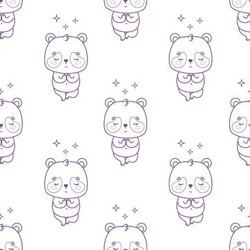 Outline Seamless Pattern With Cute Kawaii Panda Standing In Tree Yoga Pose .. Stock Illustration