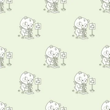 Outline Seamless Pattern Cute Kawaii Eco Panda Planting Bamboo Sign Recycli.. Stock Illustration