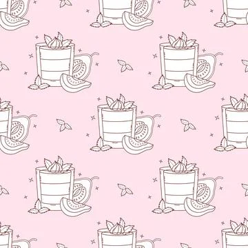 Outline Seamless Pattern with Guava Creamy sweet dessert with tropical Frui.. Stock Illustration