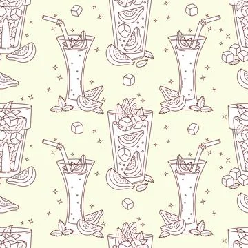 Outline Seamless Pattern with Guava Drink on light Green Background with tr.. Stock Illustration