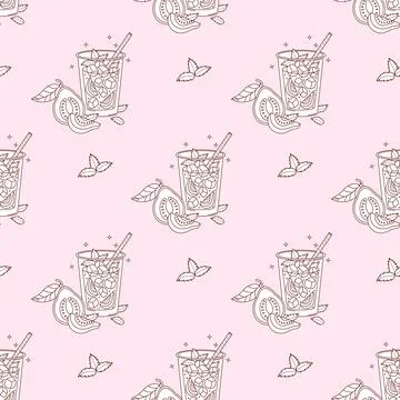 Outline Seamless Pattern with Guava Drink with tropical Fruit slices and Mi.. Stock Illustration