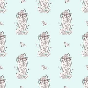 Outline Seamless Pattern with Guava Drink with tropical Fruit slices, ice c.. Stock Illustration