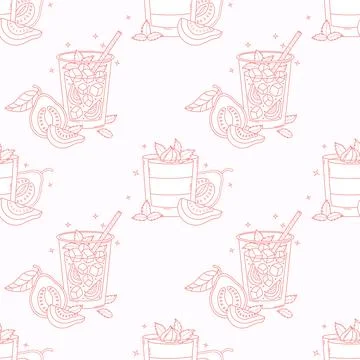 Outline Seamless Pattern with Guava Drink Refreshing Cocktail with Ice and .. Stock Illustration