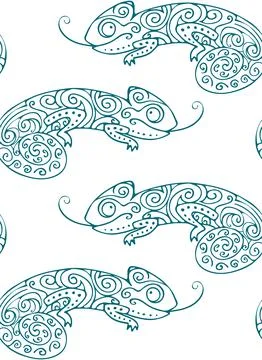 Outline Seamless Pattern with Hand Drawn Doodle Funny Chameleon. Stock Illustration