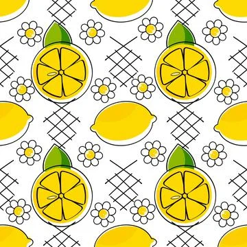 Outline seamless pattern with hand drawn contoured lemon and leaves. Doodle f Stock Illustration