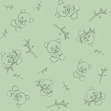 Outline seamless pattern with panda bear cub and bamboo branches with leaves  Stock Illustration