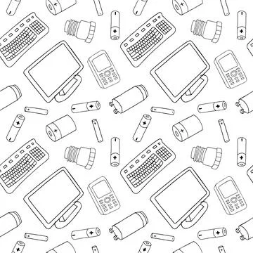 Outline seamless pattern with sorted e-wast garbage isolated on white Stock Illustration