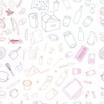 Outline seamless pattern with sorted garbage isolated on white background. Stock Illustration