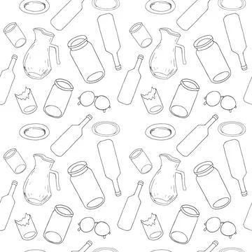Outline seamless pattern with sorted glass garbage isolated on white Stock Illustration