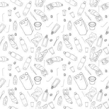 Outline seamless pattern with sorted plastic garbage Stock Illustration