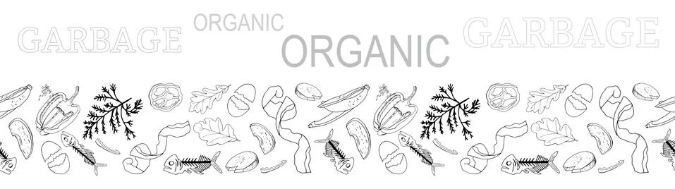 Outline seamless vector border with sorted organic garbage isolated on white. Stock Illustration