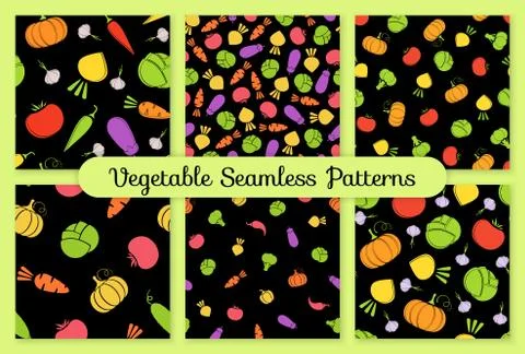 Outline seamless vegetable black background set Stock Illustration