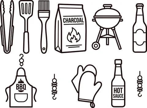 Outline set of barbecue tools, grill, charcoal, and drinks for cooking outd.. Stock Illustration