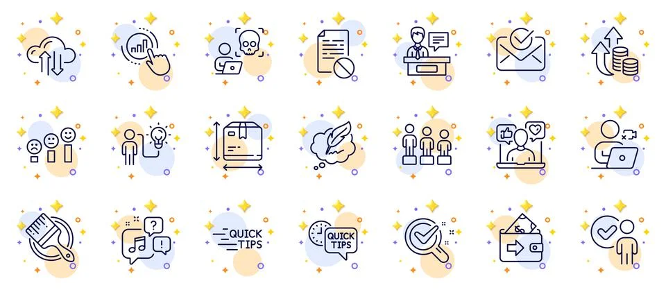 Outline set of Cloud sync, Chemistry lab and Exhibitors line icons for web app 스톡 일러스트