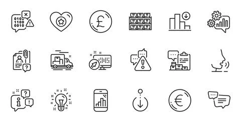 Outline set of Cogwheel, Decreasing graph and Boxes shelf line icons for web Stock-Illustration