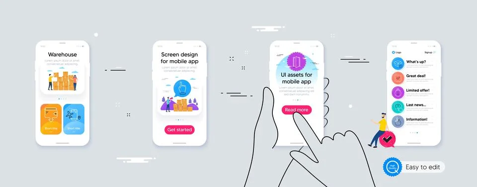 Outline set of Confirmed, Question button and Flights application line icons for Illustrazione stock