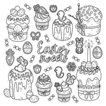 Outline set of Easter cakes and gingerbread Stock-Illustration