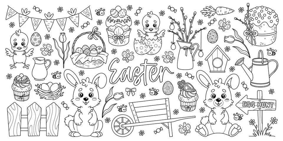 Outline set of Easter elements for holiday design Illustrazione stock