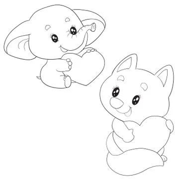 Outline set of an elephant with a big heart and a fox with a big heart in its Stock Illustration