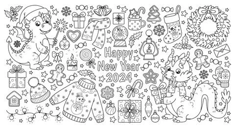 Outline set of New Year elements and cute dragons Stock Illustration